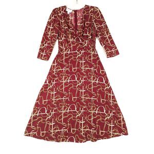 Donna Morgan Vintage Dress Women 4 Cross Wrap V Neck Red Belts Chains Bangle 90s